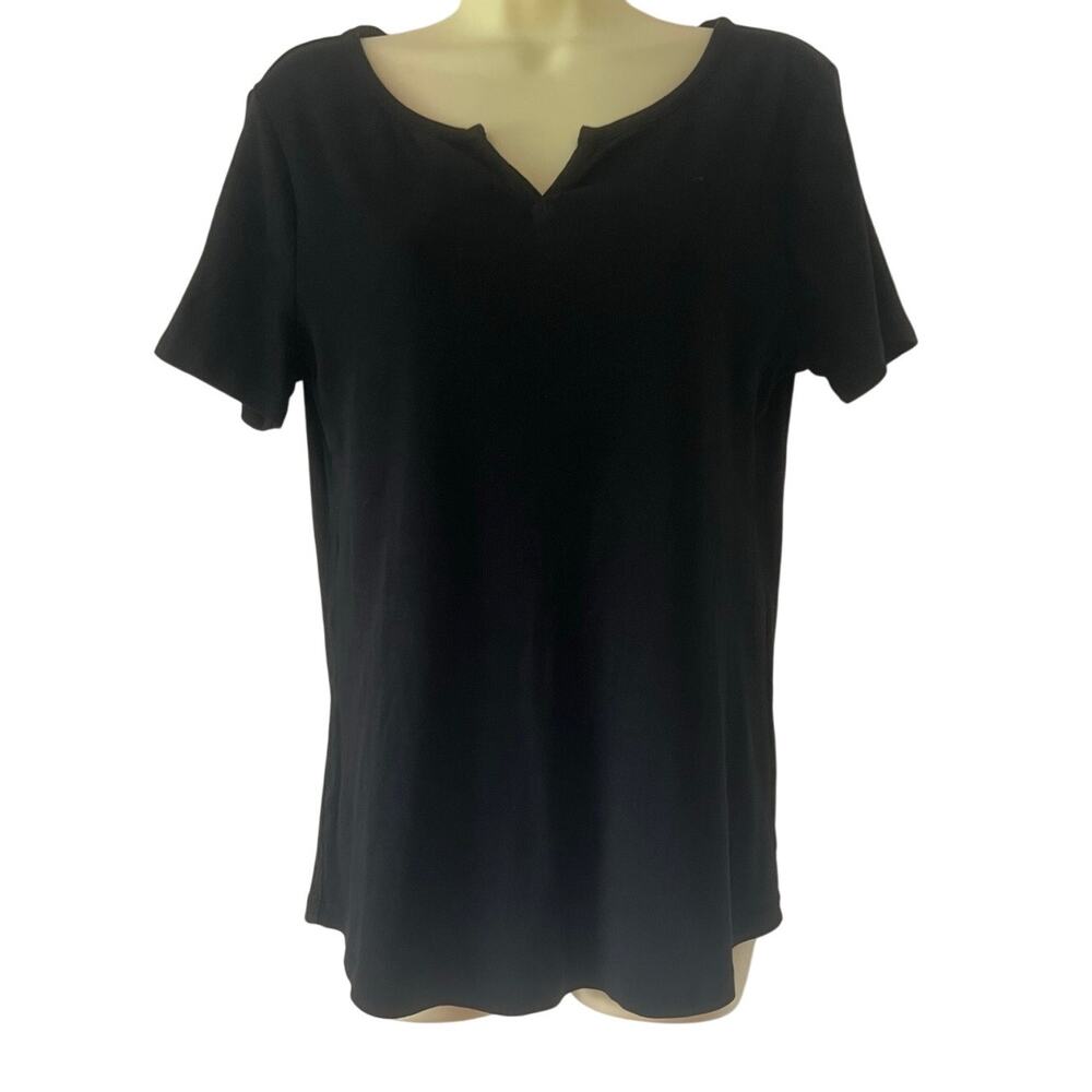 By Chico’s 1 Black Cotton Knit Top Woman Size 8 Minimalist Tee Shirt Basic